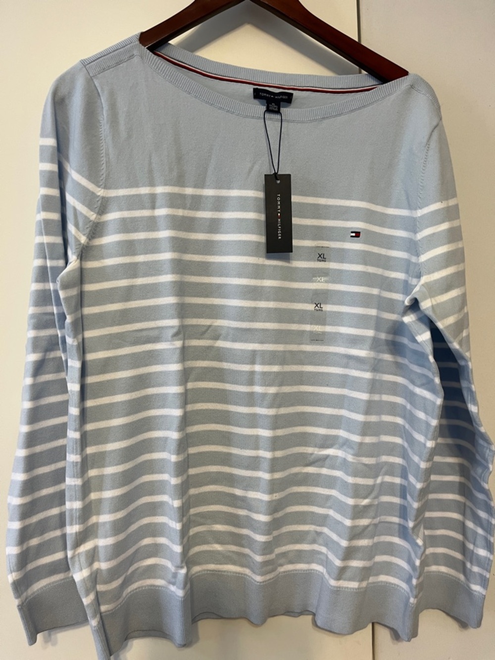 Tommy Hilfiger Pale Blue and White Striped Knit Top